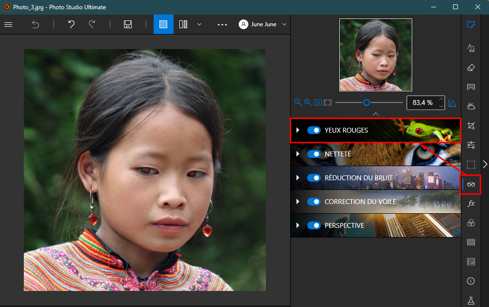 Comment utiliser la correction des yeux rouges ? inPixio