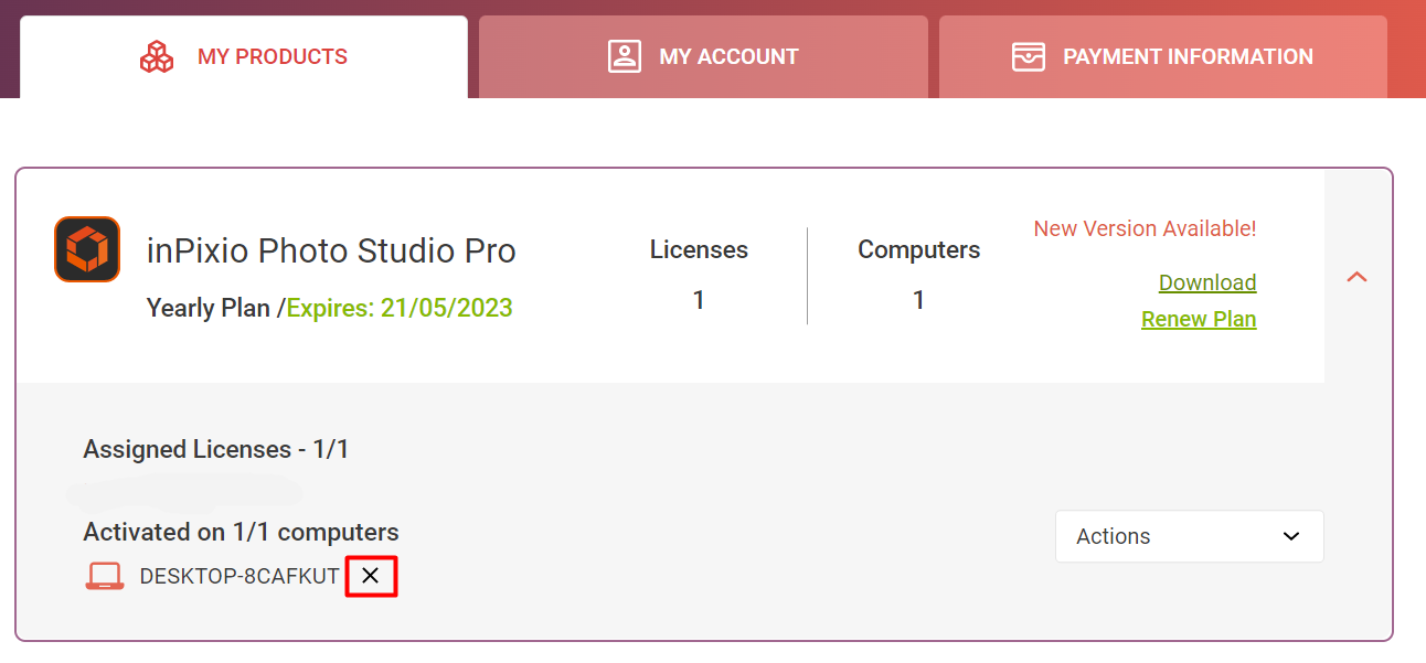 How can I transfer my license to a different PC? inPixio